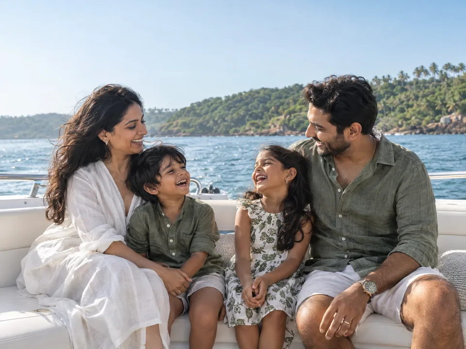 A young Indian family enjoying a relaxed day by the Goa coast